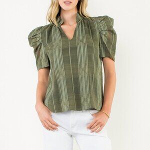 THML Olive Green Puff Sleeve Blouse Boho Textured Top S NWT